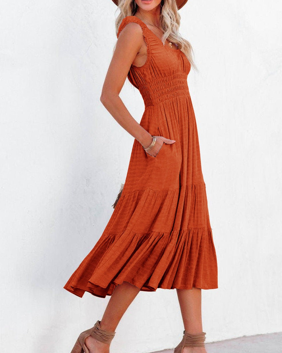 Smocked Waist Tiered Midi Dress