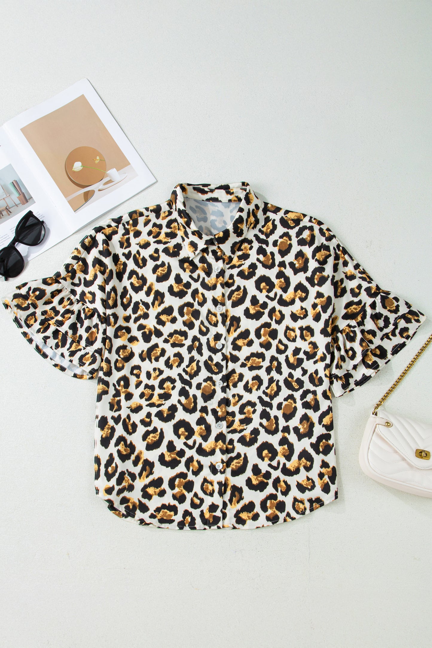 Leopard Ruffle Trim 3/4 Sleeve Buttoned Shirt