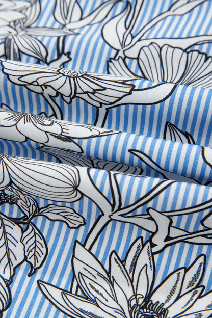 Floral Stripe Polo Collar Short Sleeve Blouse