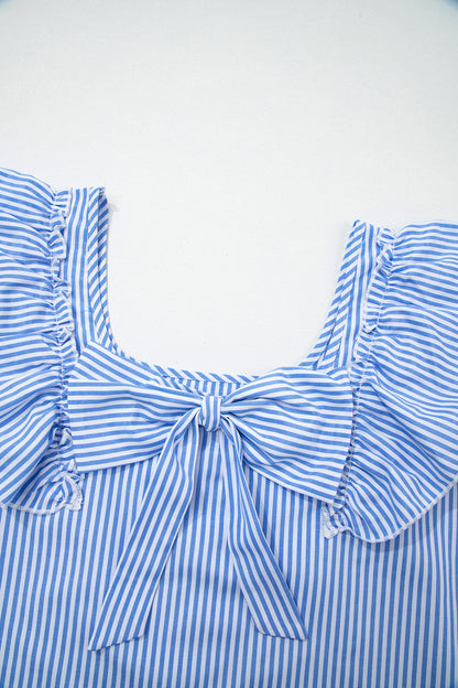Stripe Bow Square Neck Ruffle Sleeve Blouse