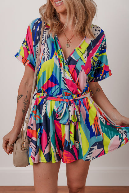 Abstract Tropical Wrap V-Neck Tie-Waist Romper