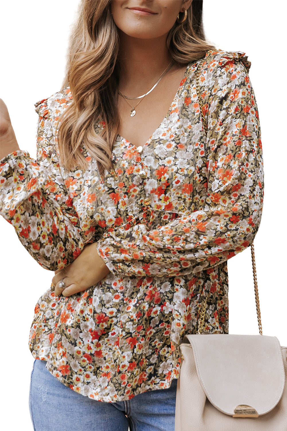 Floral Ruffle Babydoll V-Neck Blouse