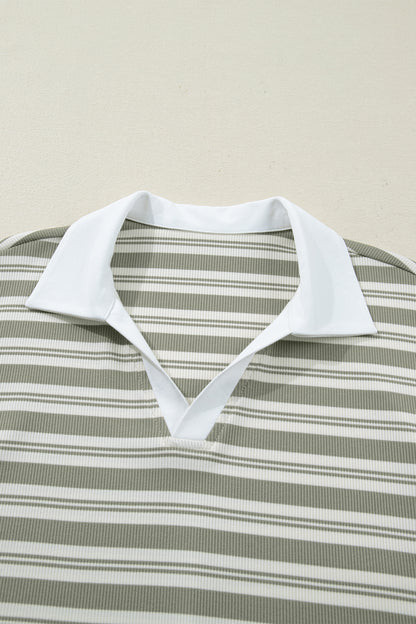 Stripe Collared V-Neck Short Sleeve Midi Dress