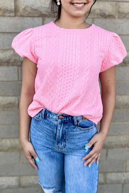 Cable Textured Puff Sleeve T-Shirt