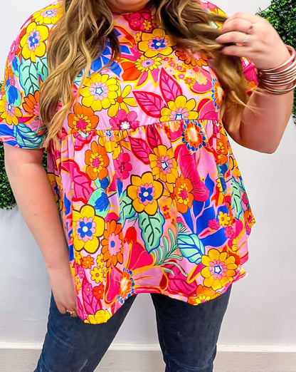 Floral Short Sleeve Babydoll Blouse Plus Size