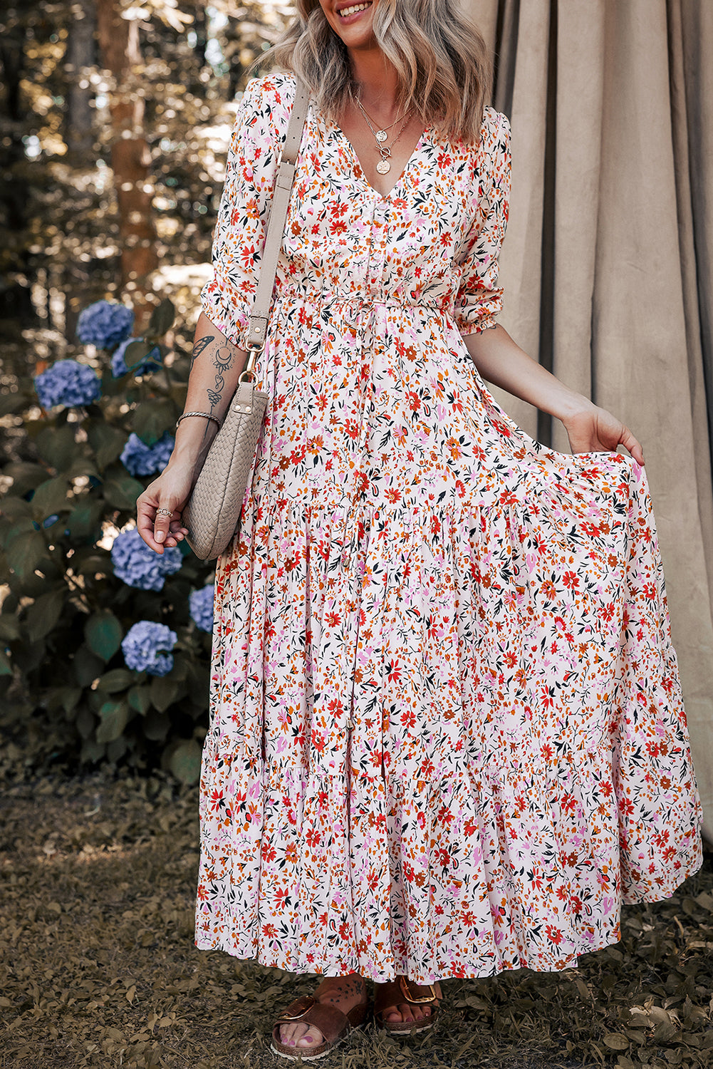 Boho Floral 3/4 Sleeve V‑Neck Maxi Dress