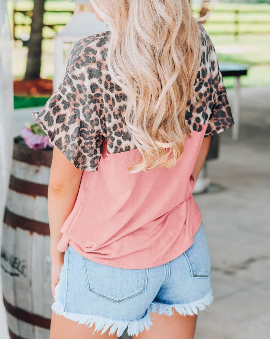 Leopard Sequin Colorblock Short Sleeve Top