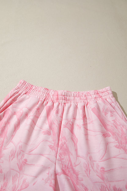 Abstract Ribbed Crew Neck Top & Elastic Waist Shorts Set