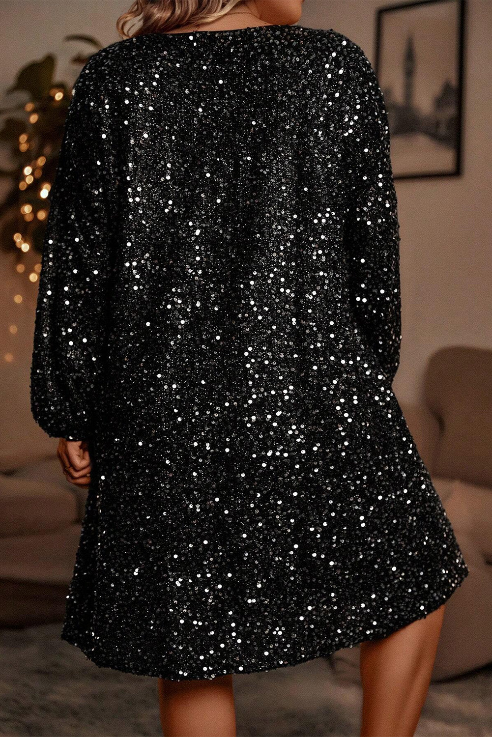 Plus Size Sequin Bubble Sleeve V-Neck Dress