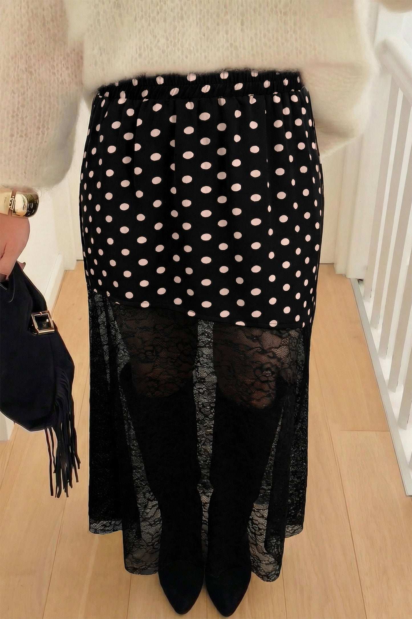 Polka Dot Sheer Lace Patchwork Asymmetric Skirt