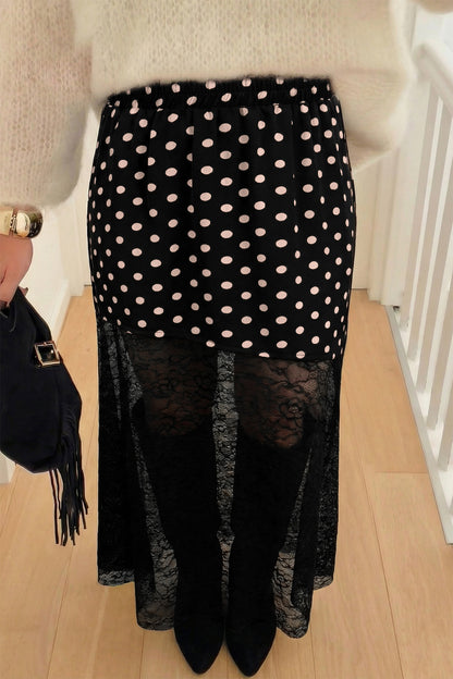 Polka Dot Sheer Lace Patchwork Asymmetric Skirt
