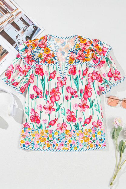 Floral Stripe Trim Split Neck Short Sleeve Blouse