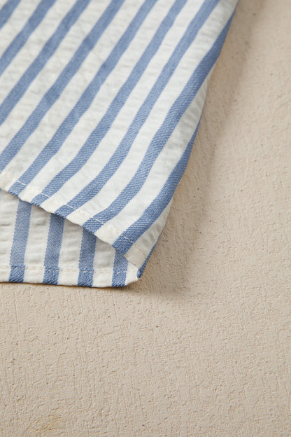 Stripe Leopard Trim V-Neck Buttoned Short Sleeve Shirt