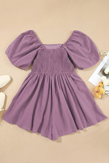 Solid Square Neck Ruched Puff Sleeve Romper