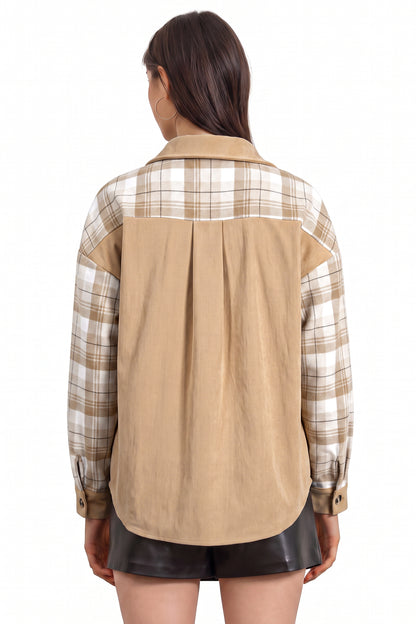 Plaid Colorblock Patch Pocket Buttoned Shacket