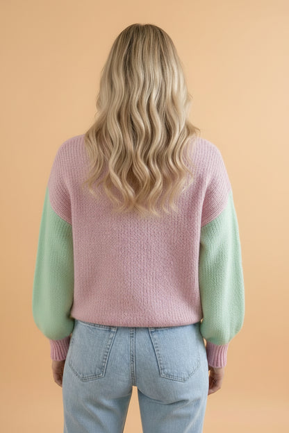 Colorblock Drop Shoulder Buttoned V-Neck Cardigan