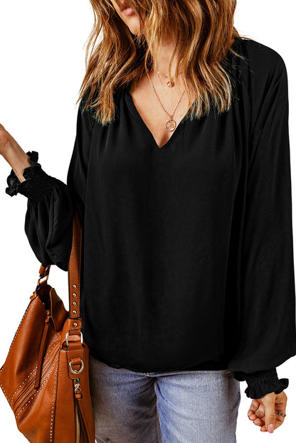 Pleated Puff Sleeve V-Neck Blouse