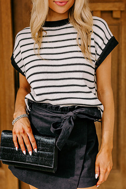 Stripe Knit Short Sleeve Sweater