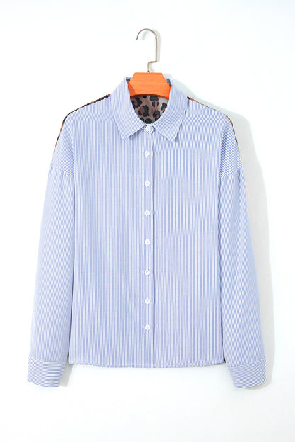Varsity Stripe Leopard Patchwork Button Down Shirt