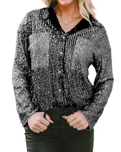 Sequin Colorblock Patch Pocket Shirt