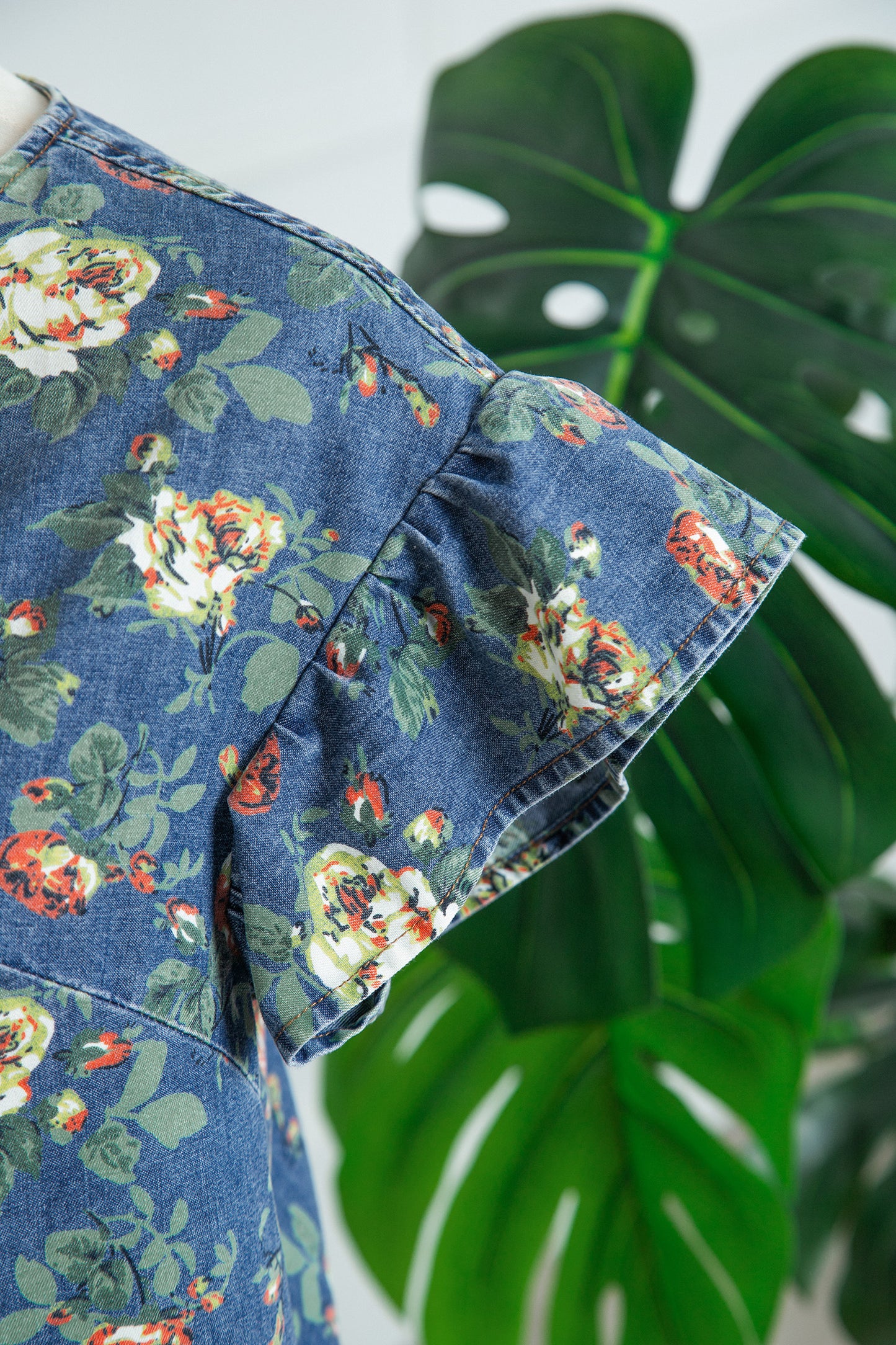 Floral Denim Ruffle Short Sleeve Top