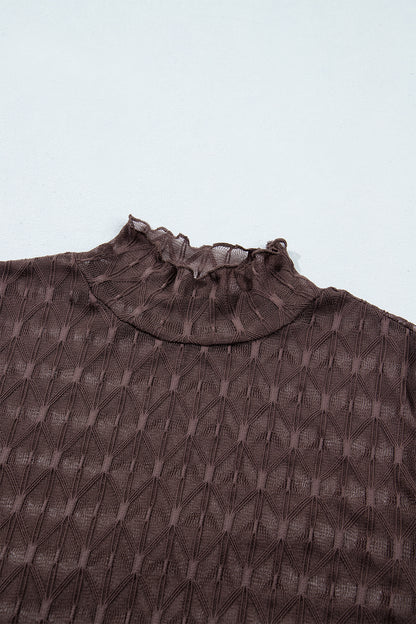 Solid Sheer Textured Lace Mock Neck Long Sleeve Top