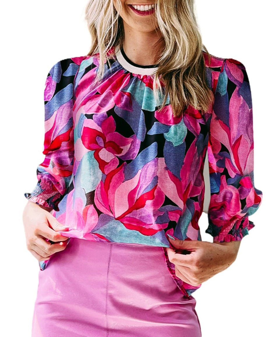 Floral Ruched Puff Sleeve Blouse