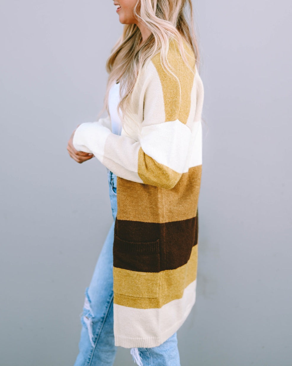 Colorblock Open Front Pocketed Cardigan