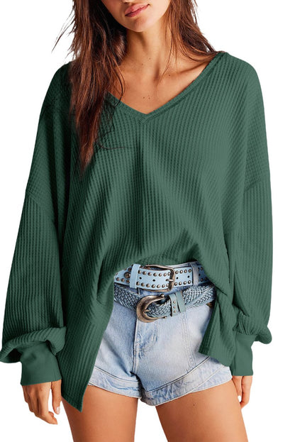 Waffle V-Neck Long Sleeve Blouse