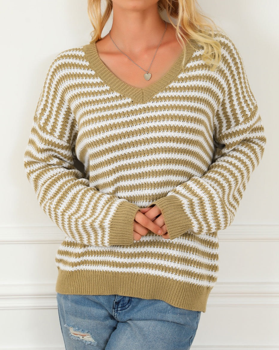 Stripe Long Sleeve V-Neck Sweater