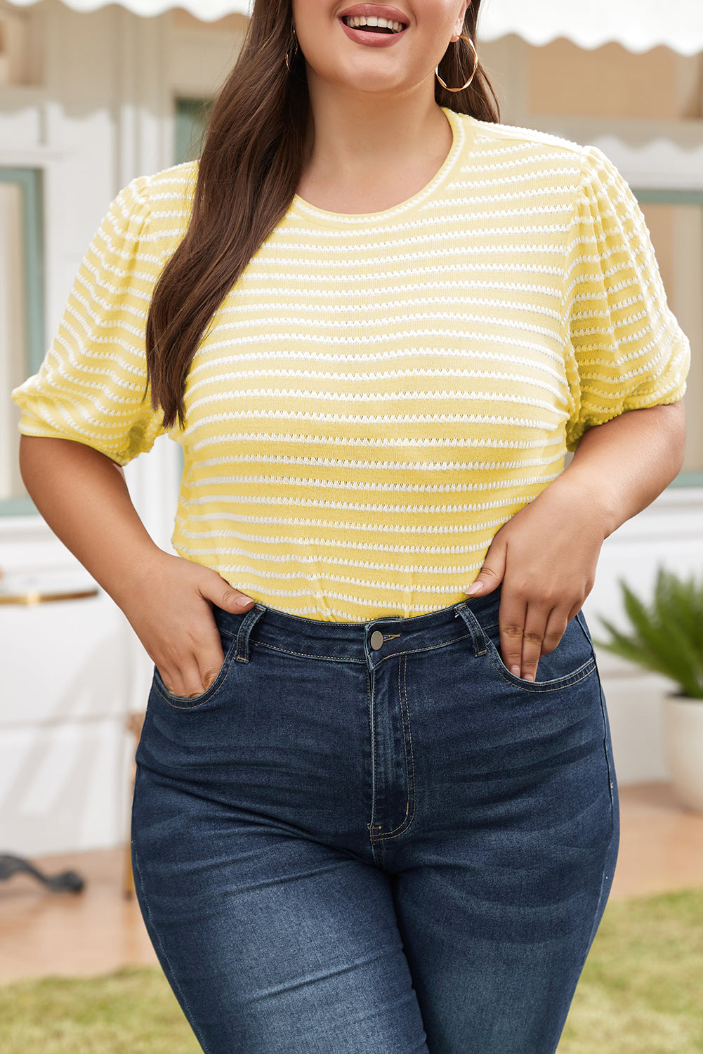 Stripe Puff Sleeve Top Plus Size