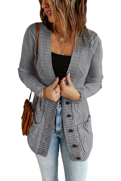 Cable Button Front Pocketed Cardigan