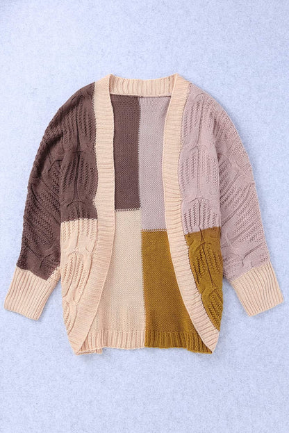 Colorblock Cable Knit Open Front Cardigan