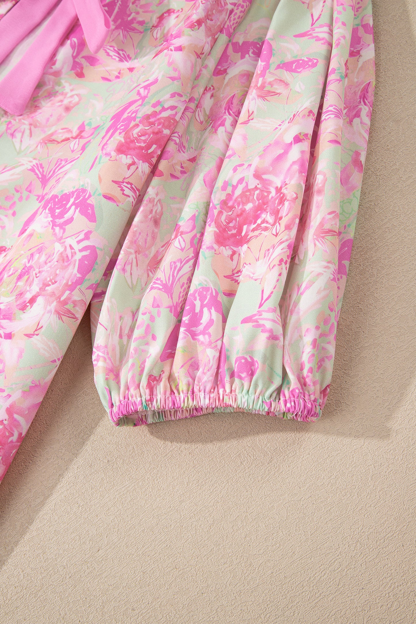 Floral Ribbon Tie Front Puff Sleeve Blouse