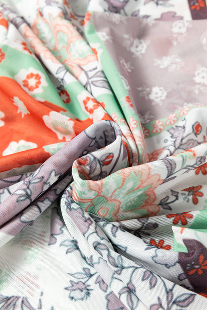 Floral Patchwork Mesh Mock Neck Long Sleeve Top