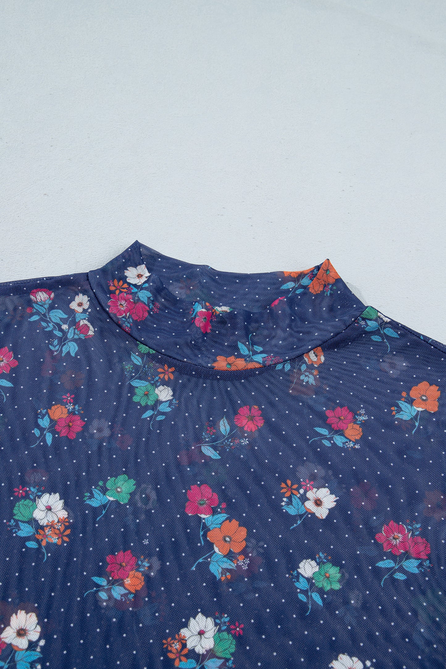 Polka Dot Floral Mesh Lettuce Trim Long Sleeve Top