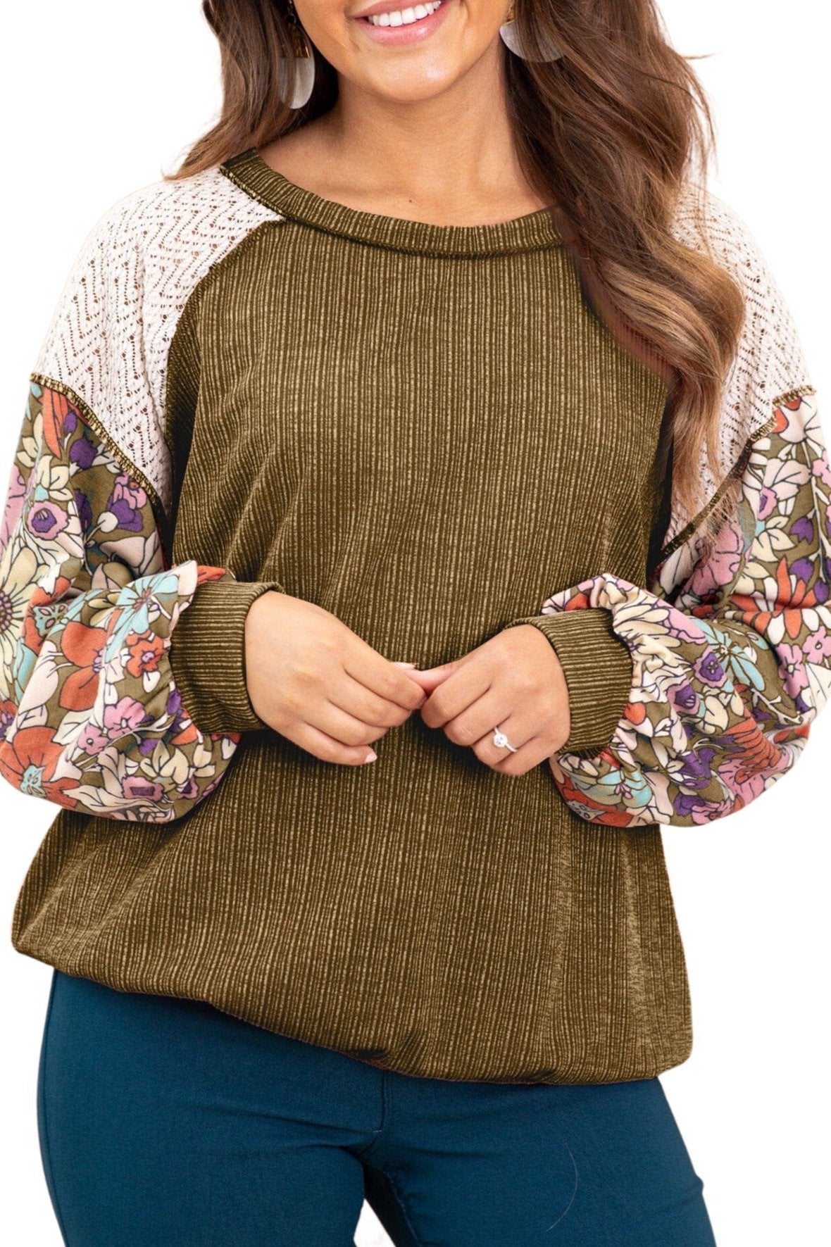 Floral Lace Patchwork Ribbed Blouse