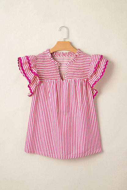 Stripe Smocked Yoke Short Sleeve Ruffle Blouse