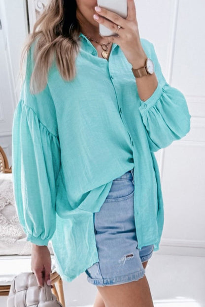 Solid Puff Sleeve Buttoned Shirt