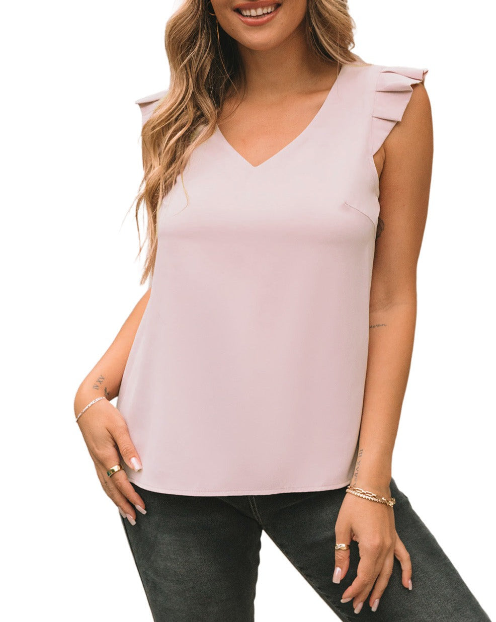 Pleated Ruffle V-Neck Tank Top