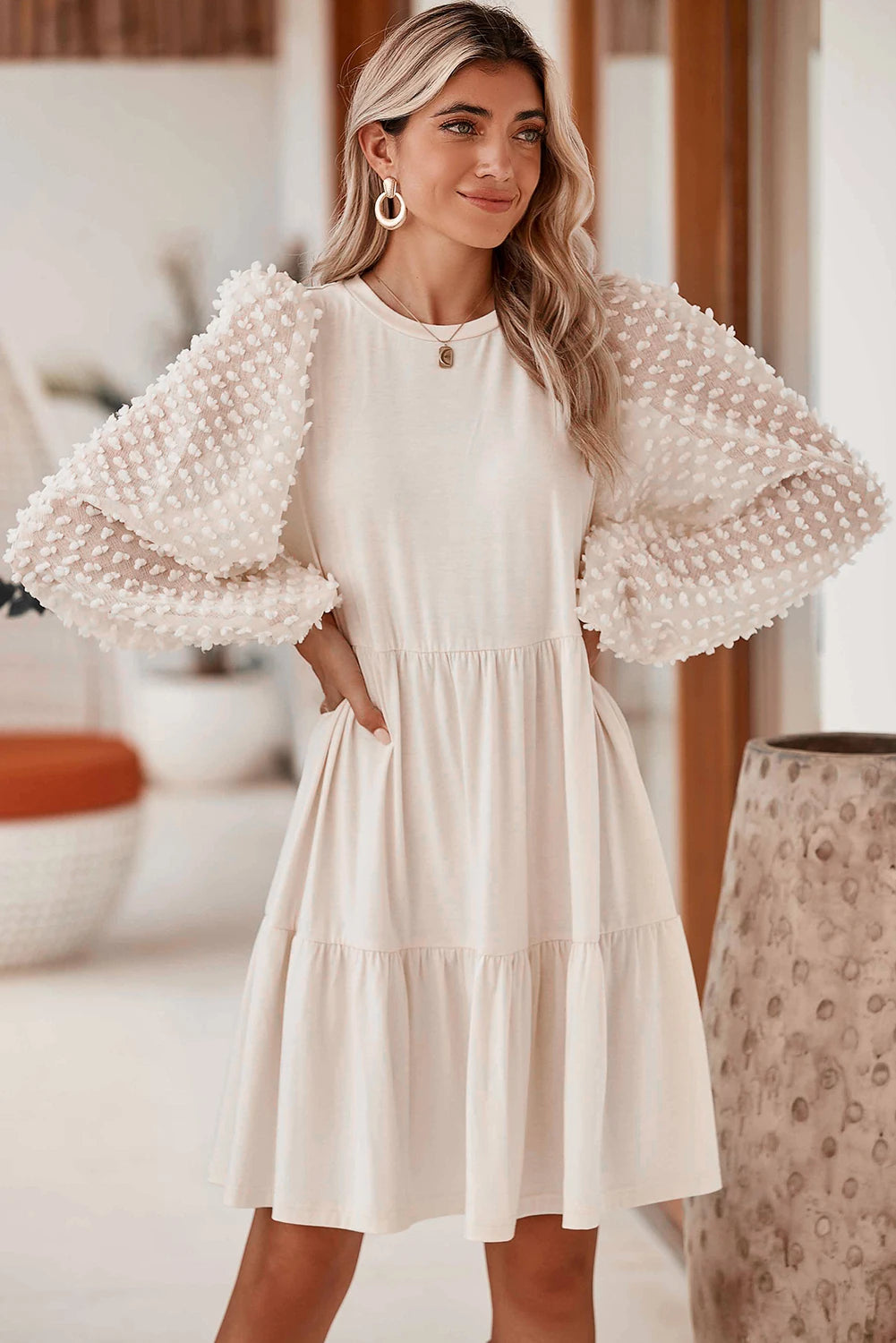 Embellished Puff Sleeve Tiered Dress