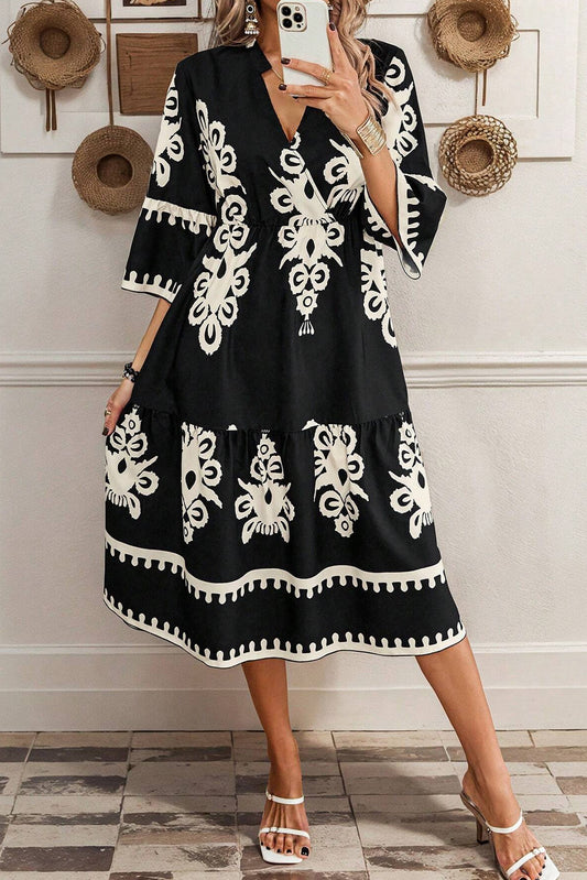 Western Geometric 3/4 Sleeve Midi Dress