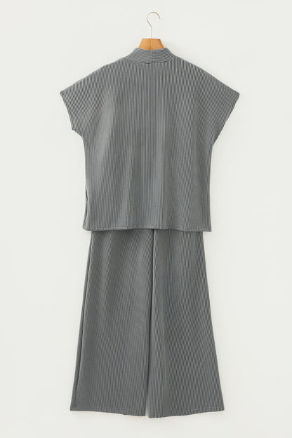 Corded Knit Mock Neck Tee and Pant Set