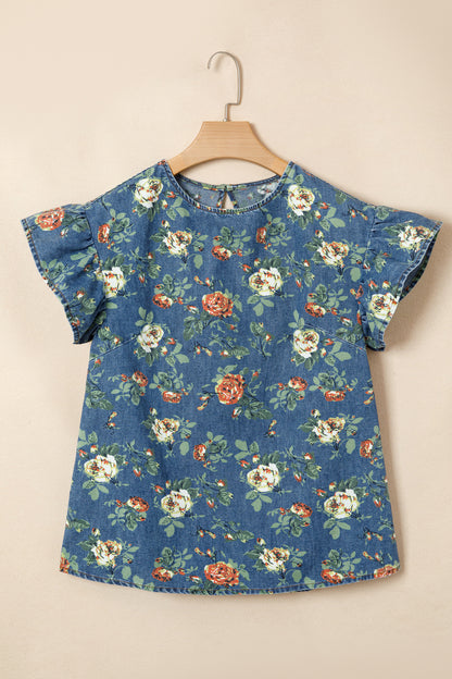 Floral Denim Ruffle Short Sleeve Top