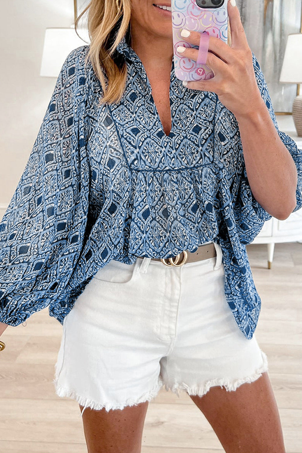 Western Geometric Frilled V-Neck Blouse