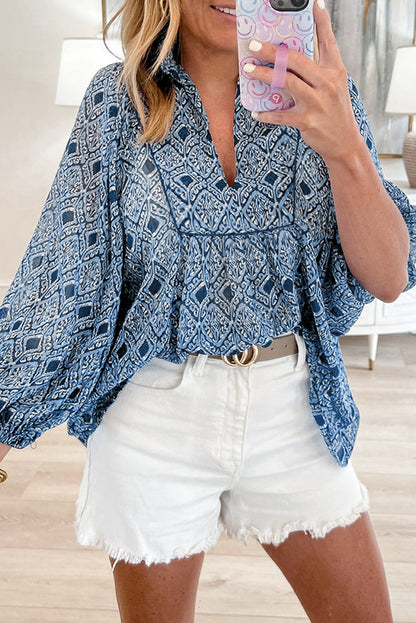 Western Geometric Frilled V-Neck Blouse