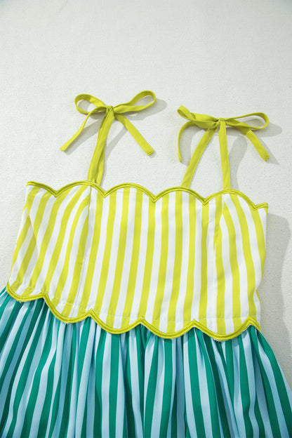 Stripe Scalloped Contrast Patchwork Knot Strap Midi Dress