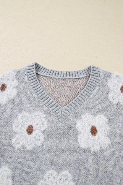 Floral V-Neck Drop Shoulder Baggy Sweater