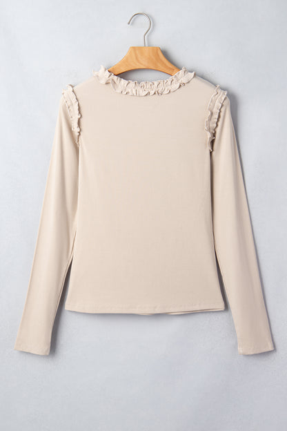 Solid Ribbed Knit Frilled Long Sleeve Top