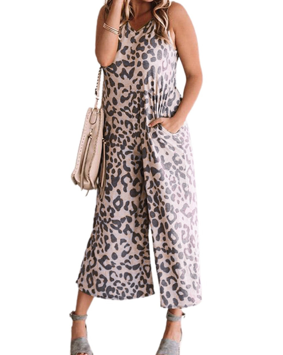 Leopard Wide Leg Sleeveless Jumpsuit